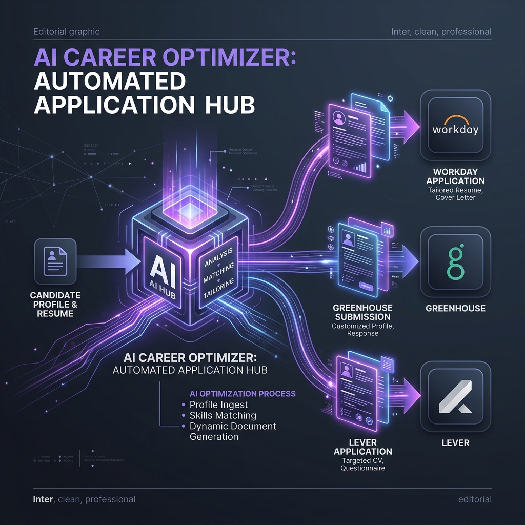 An automated AI job application workflow graphic showing an AI hub tailoring resumes and transmitting applications directly to Workday, Greenhouse, and Lever.