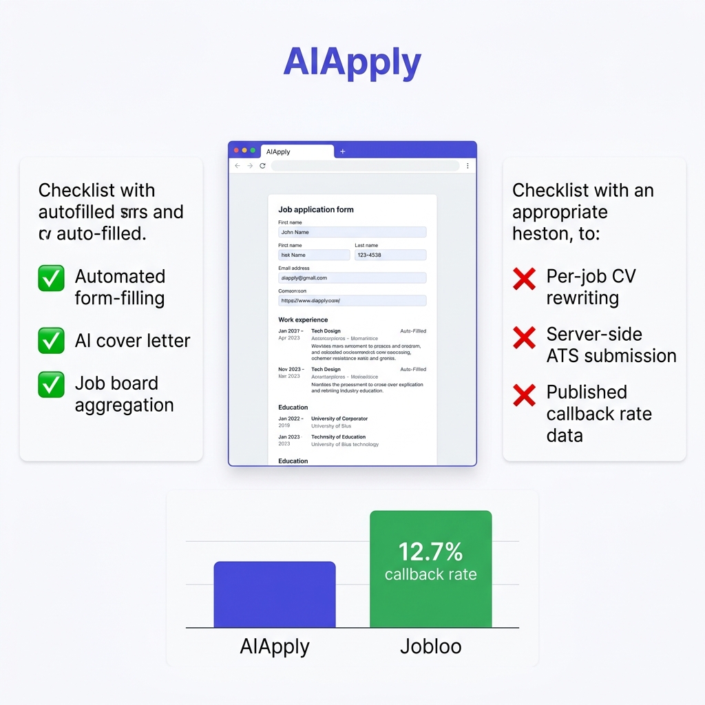 AIApply review 2026 feature checklist showing automated form-filling and AI cover letter versus missing per-job CV rewriting and server-side ATS submission with Jobloo 12.7 percent callback rate comparison bar chart