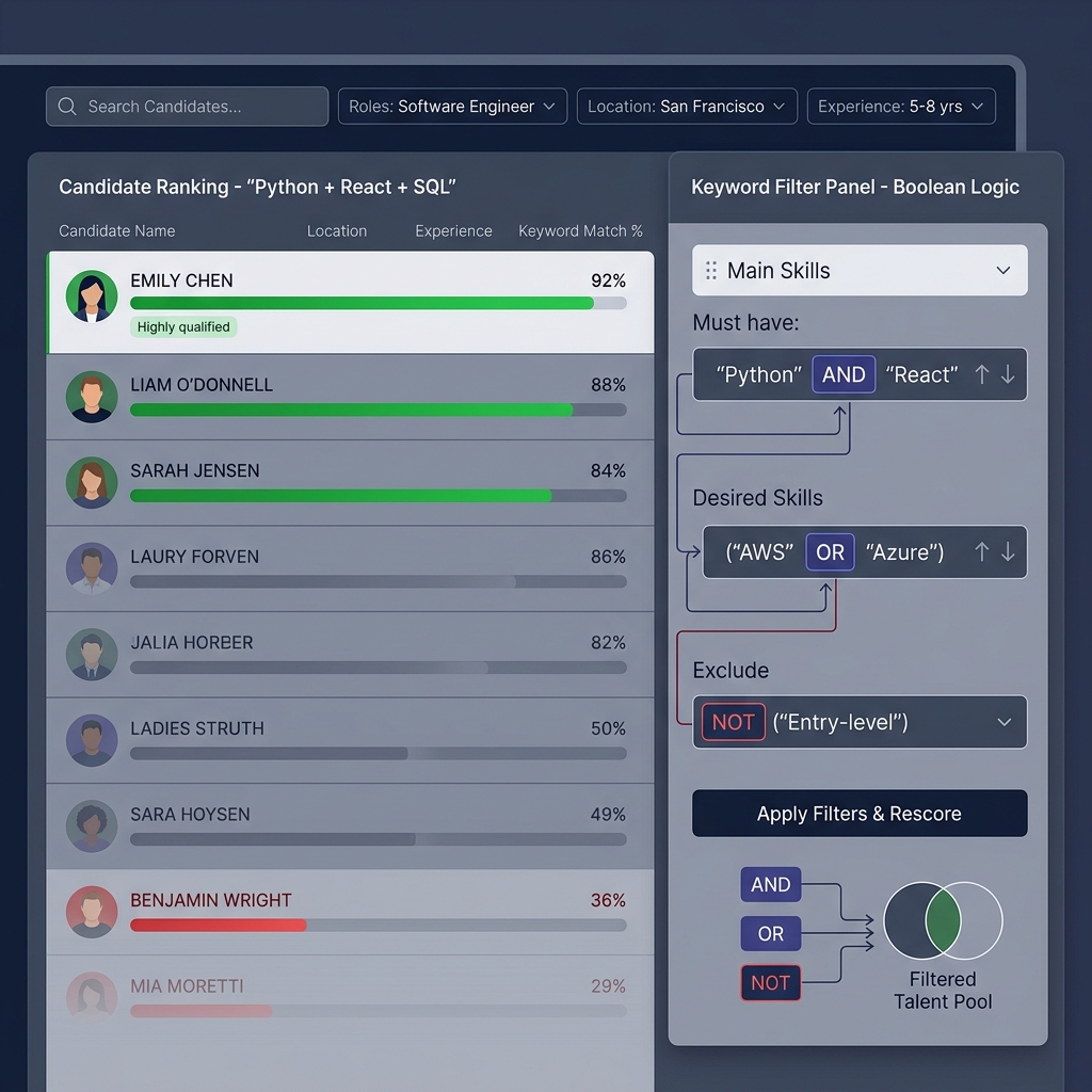 Recruiter ATS dashboard showing a ranked candidate list with keyword match scores, Boolean search filters, and candidate profiles sorted by keyword density