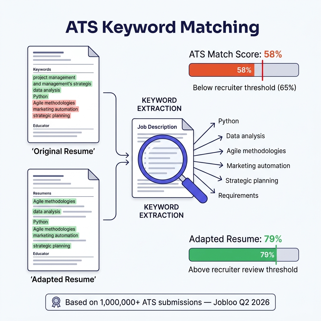 Technical diagram showing ATS keyword matching process: a resume document with green highlighted matched keywords and red missing keywords, two percentage bars showing 58 percent ATS match score labeled below recruiter threshold at 65 percent in orange versus 79 percent adapted resume score labeled above recruiter review threshold in green, with a magnifying glass extracting keywords from the job description, and a data badge reading based on 1000000 plus ATS submissions Jobloo Q2 2026