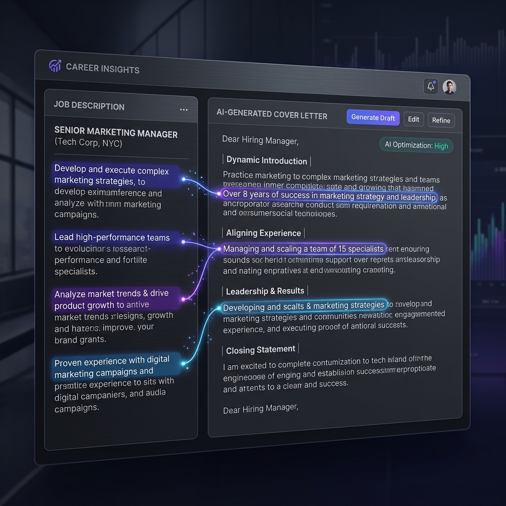 An AI cover letter interface showing dynamic text adaptation connecting job description requirements on the left to personalized bullet points on the right.