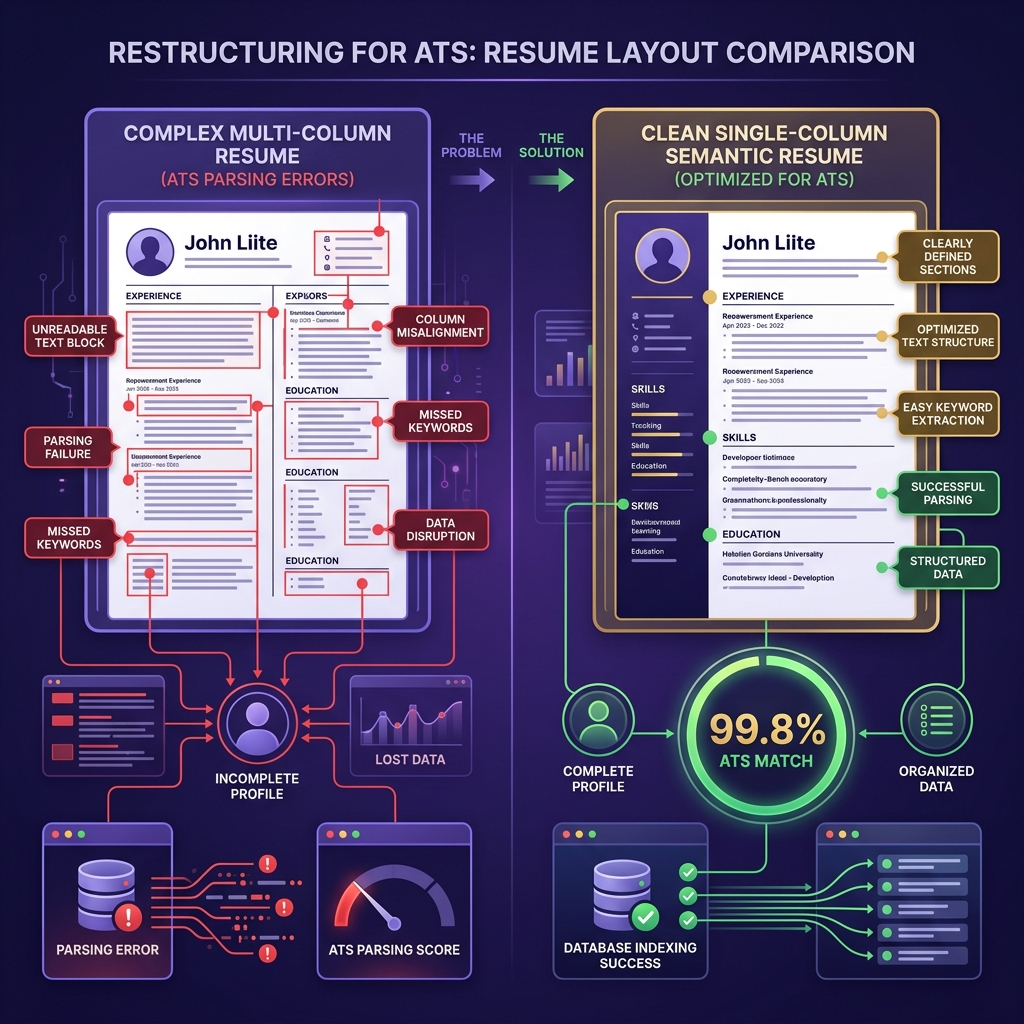 A dashboard displaying a comparison of resume layouts: on the left, a multi-column visual resume with parsing layout errors; on the right, a clean single-column semantic resume with high compatibility indicators