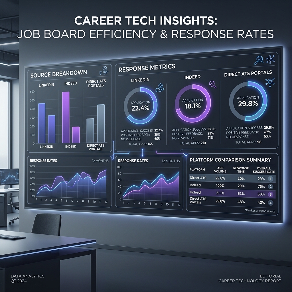 A comprehensive analytics dashboard comparing job board application volume and response rates across LinkedIn, Indeed, and direct ATS company portals.