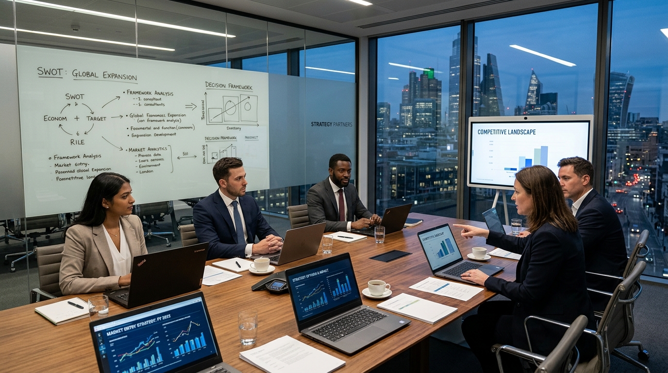 A modern strategy consulting boardroom at dusk with analysts reviewing data models and frameworks.