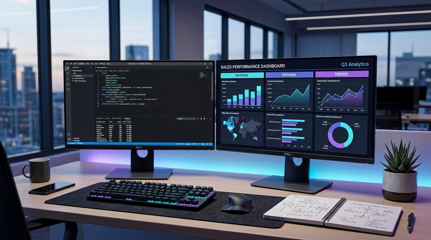 A modern data analyst workstation showing SQL consoles, business intelligence charts, and pipeline architecture.