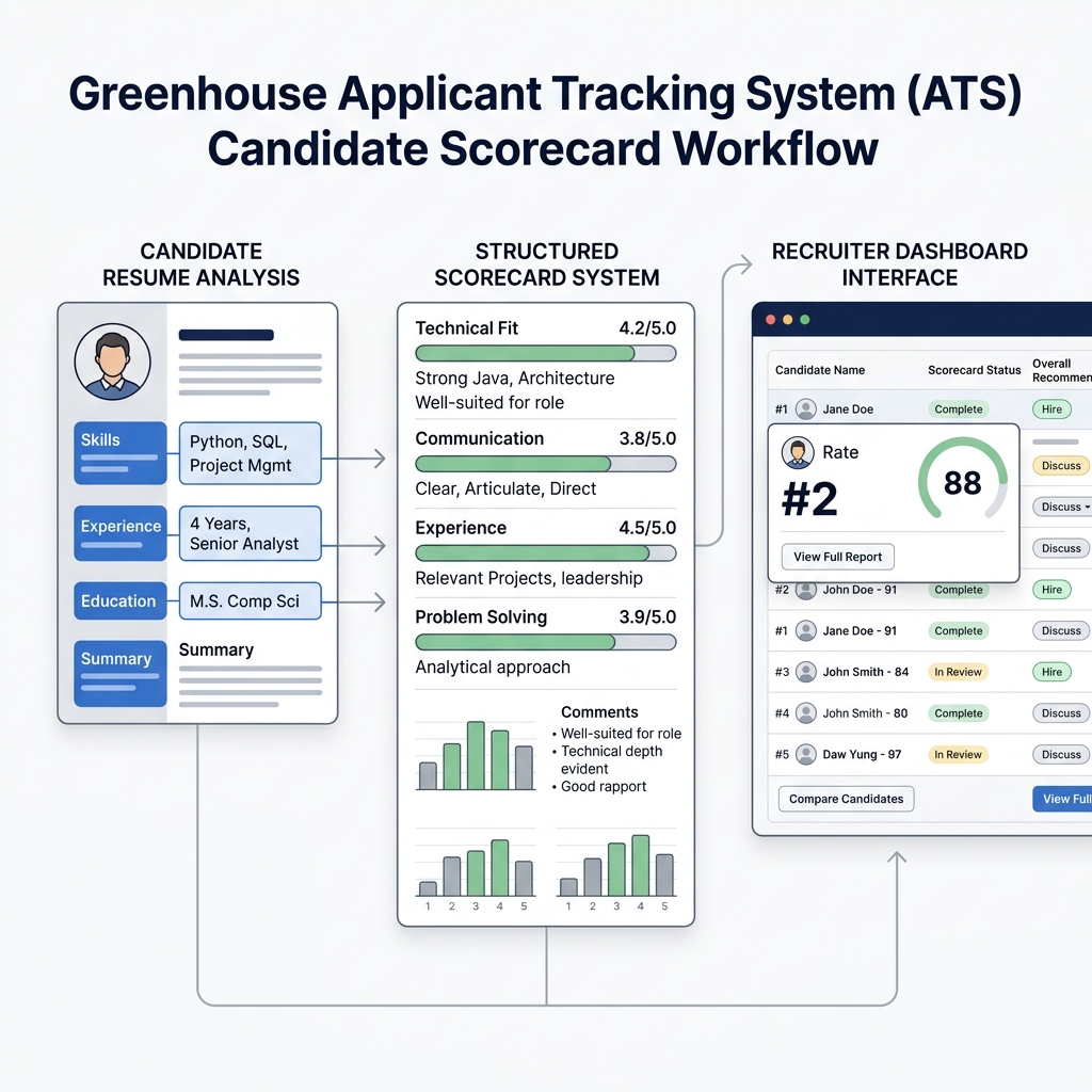 Schematic diagram of the Greenhouse ATS scorecard pipeline showing candidate profiles mapped to technical criteria, recruiter scoring bars, and structured evaluation rubrics