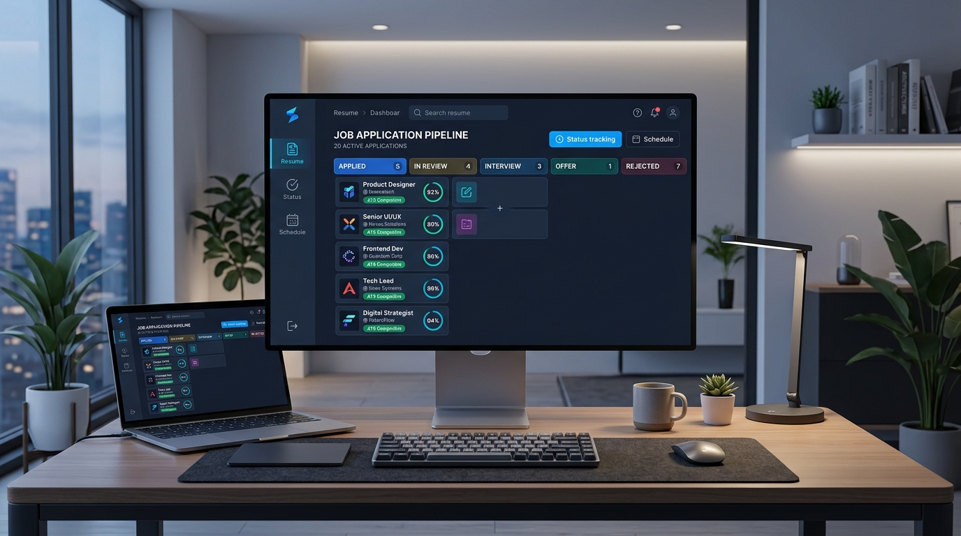 Un espace de travail technologique moderne doté d'une configuration à double écran avec un tableau de bord de pipeline de candidatures en mode sombre et un statut d'adaptation automatisé.