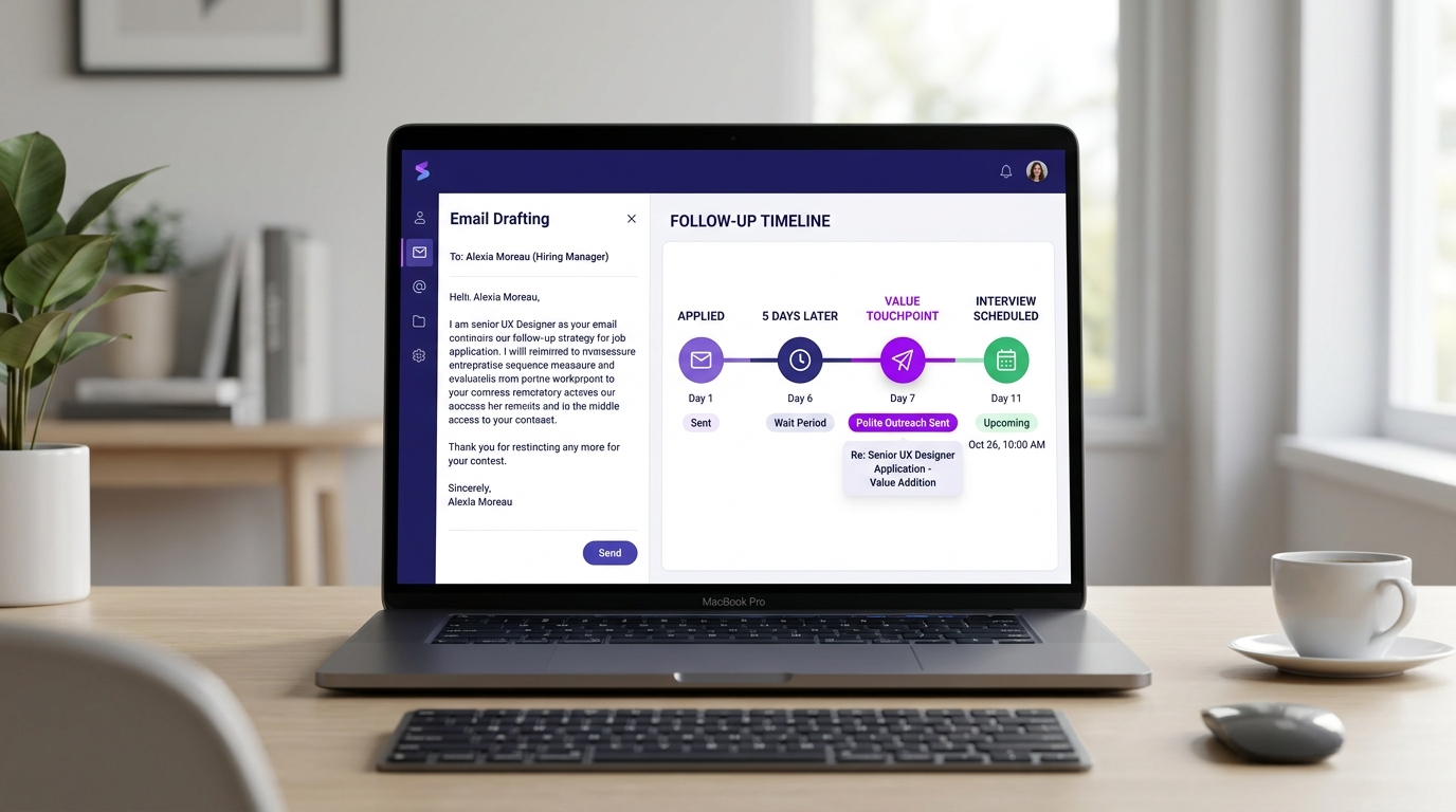 A professional outreach workflow and timeline illustrating how to follow up on job applications with hiring managers across strategic milestone intervals.