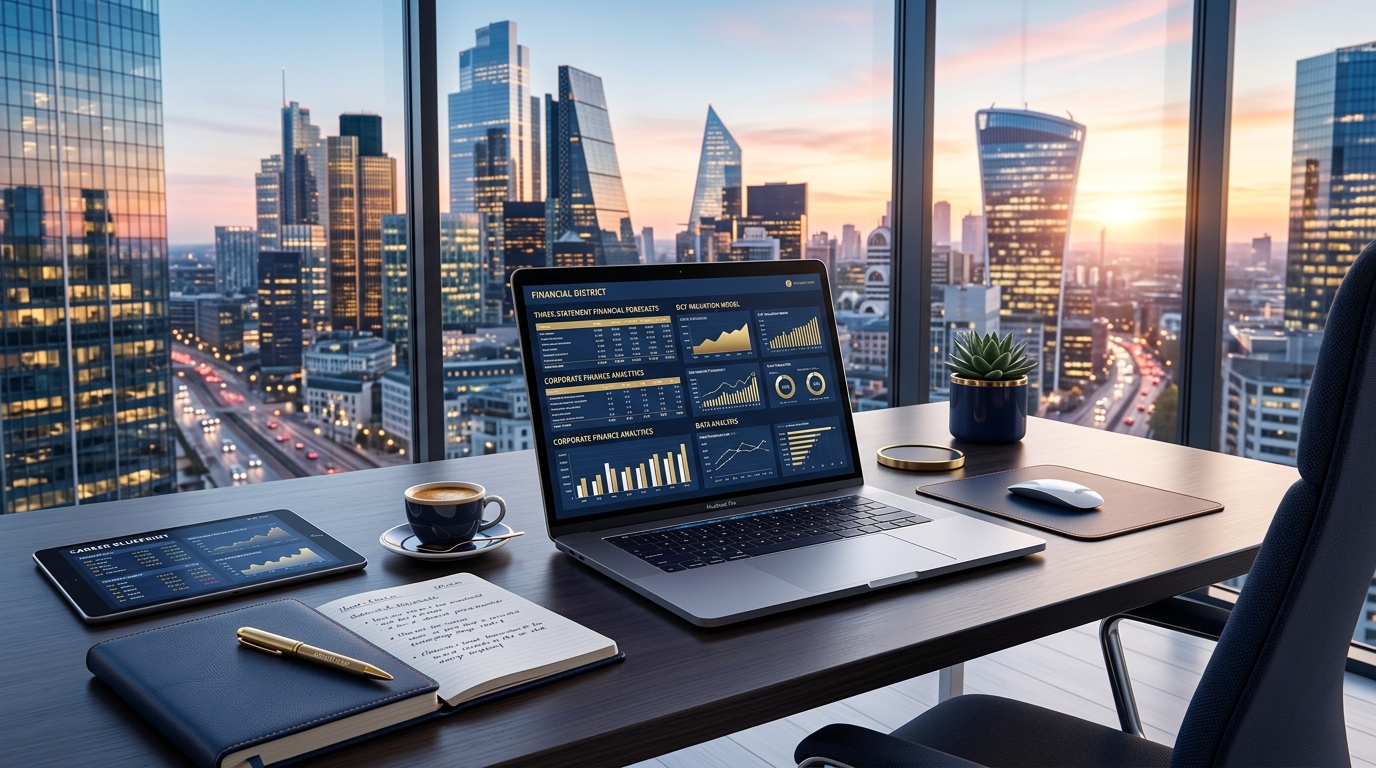 Ein analytischer Finanz-Arbeitsplatz mit Unternehmensbewertungsmodellen, Dashboards und einer Finanz-Skyline.