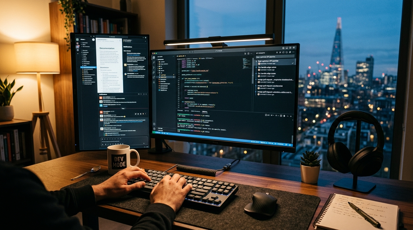 Una moderna postazione di lavoro da software engineer al crepuscolo con editor di codice, terminale e albero dei branch git.