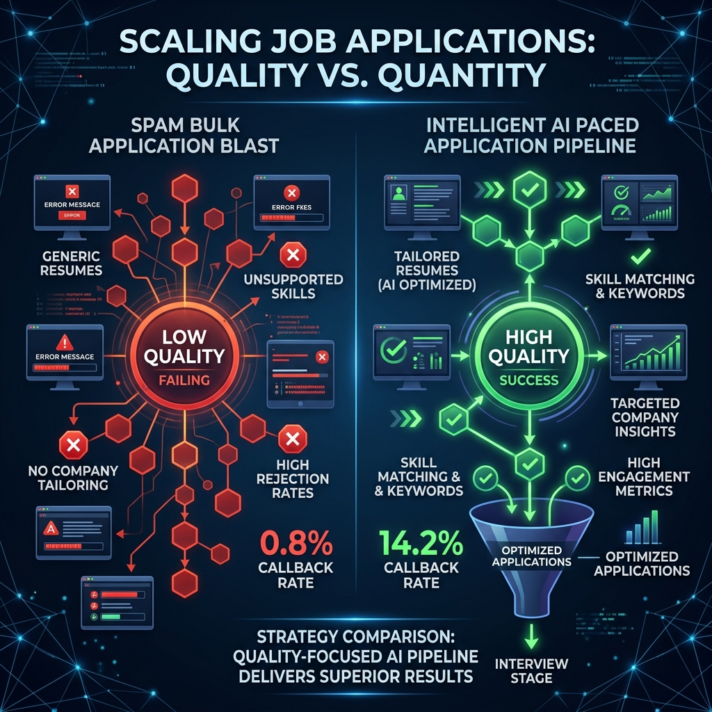 A high-performance job application dashboard demonstrating strategic mass applying with tailored resumes and high callback rate analytics.