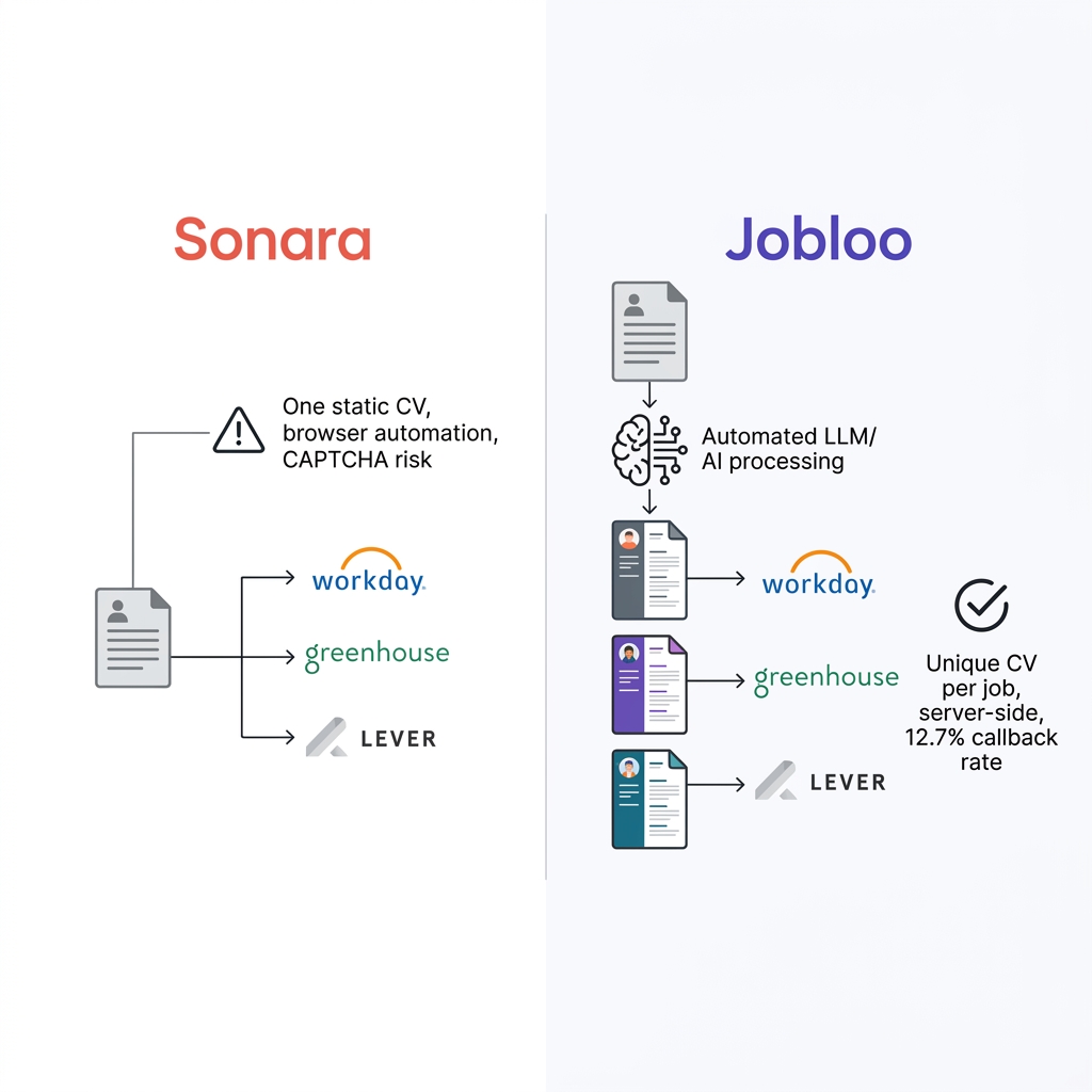 Side-by-side architecture diagram comparing Sonara browser extension DOM scraping sending one static CV to multiple ATS platforms versus Jobloo server-side LLM pipeline rewriting CV per job description before submitting uniquely adapted resume to Greenhouse, Workday, Lever, Ashby, and SmartRecruiters, with Jobloo achieving 12.7% interview callback rate versus 2 to 3% industry average for static CV tools