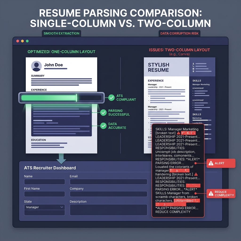 Technical diagram contrasting single-column resume linear parsing against two-column Canva PDF horizontal text interleaving corruption in Workday ATS parser