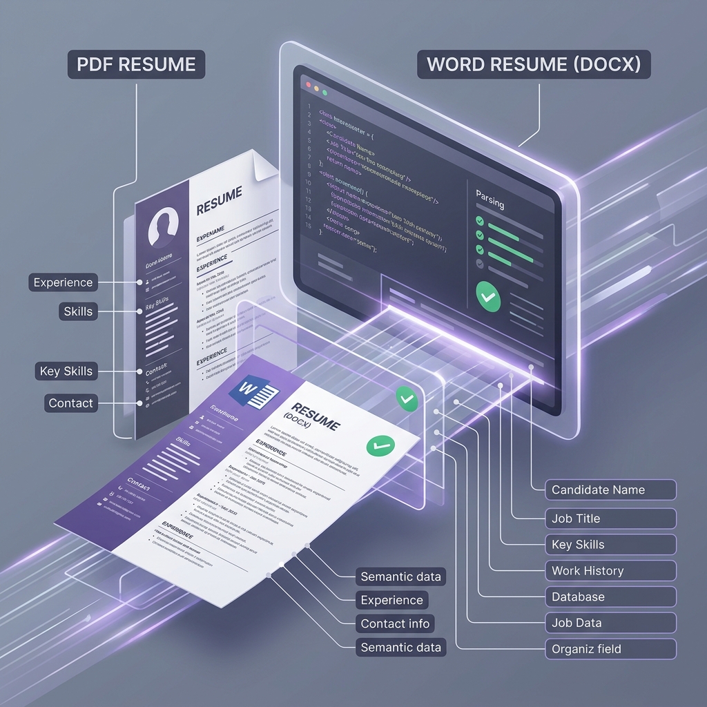 Editorial graphic illustrating a PDF resume and a Word resume document passing through an ATS scanner, with green checkmarks indicating clean parsed text layers