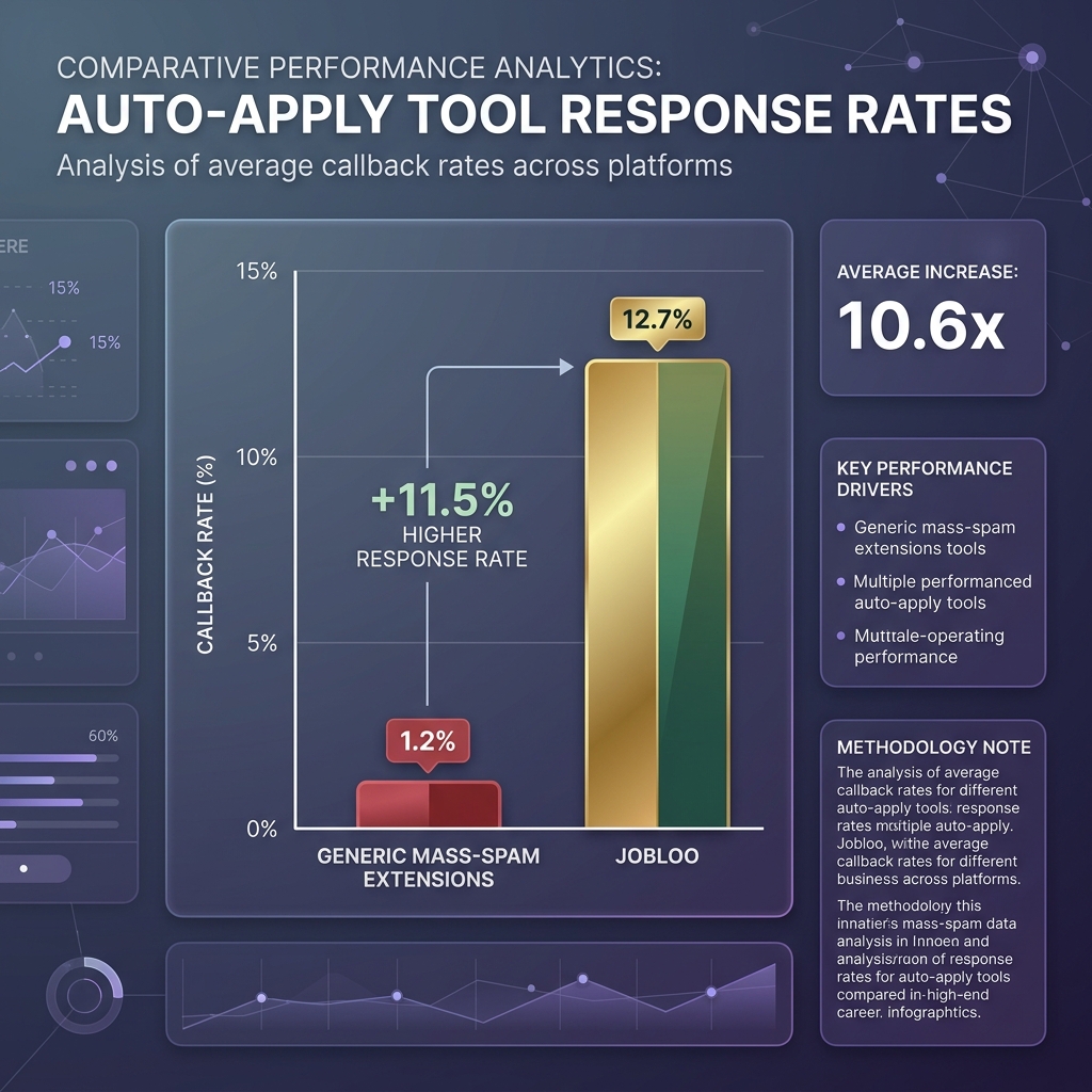 Un graphique de performance comparatif affichant les taux de réponse pour les outils de candidature automatique : les extensions génériques de candidature de masse affichent un taux de réponse de 1,2 % tandis que Jobloo affiche un taux de réponse de 12,7 %.