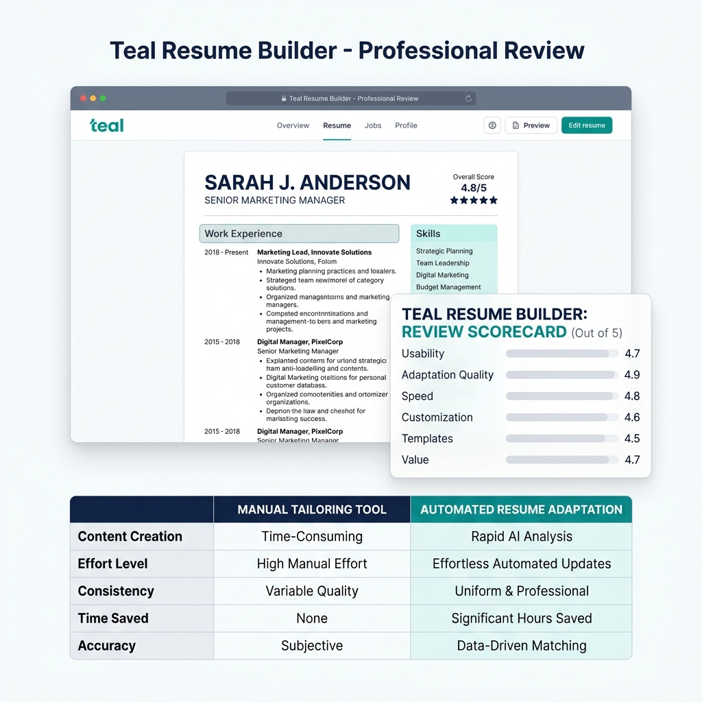 Mockup of Teal Resume builder showing a resume workspace alongside a job application matching scorecard on a clean digital background