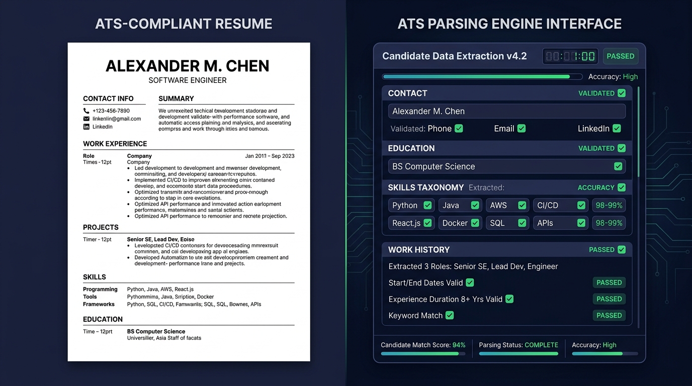 Ein moderner, technischer Entwurf und ein sauberer Dokumenten-Layout-Vergleich eines ATS-konformen Lebenslaufs und einer Extraktions-Schnittstelle.