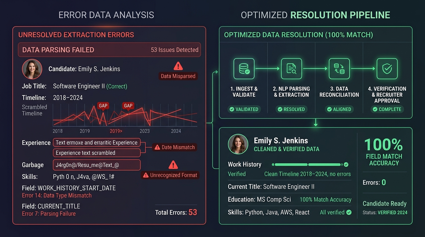 Une interface de diagnostic montrant les erreurs d'analyse de Workday à gauche et un pipeline de résolution propre et optimisé en 4 étapes avec une précision de correspondance des champs de 100 pour cent à droite.