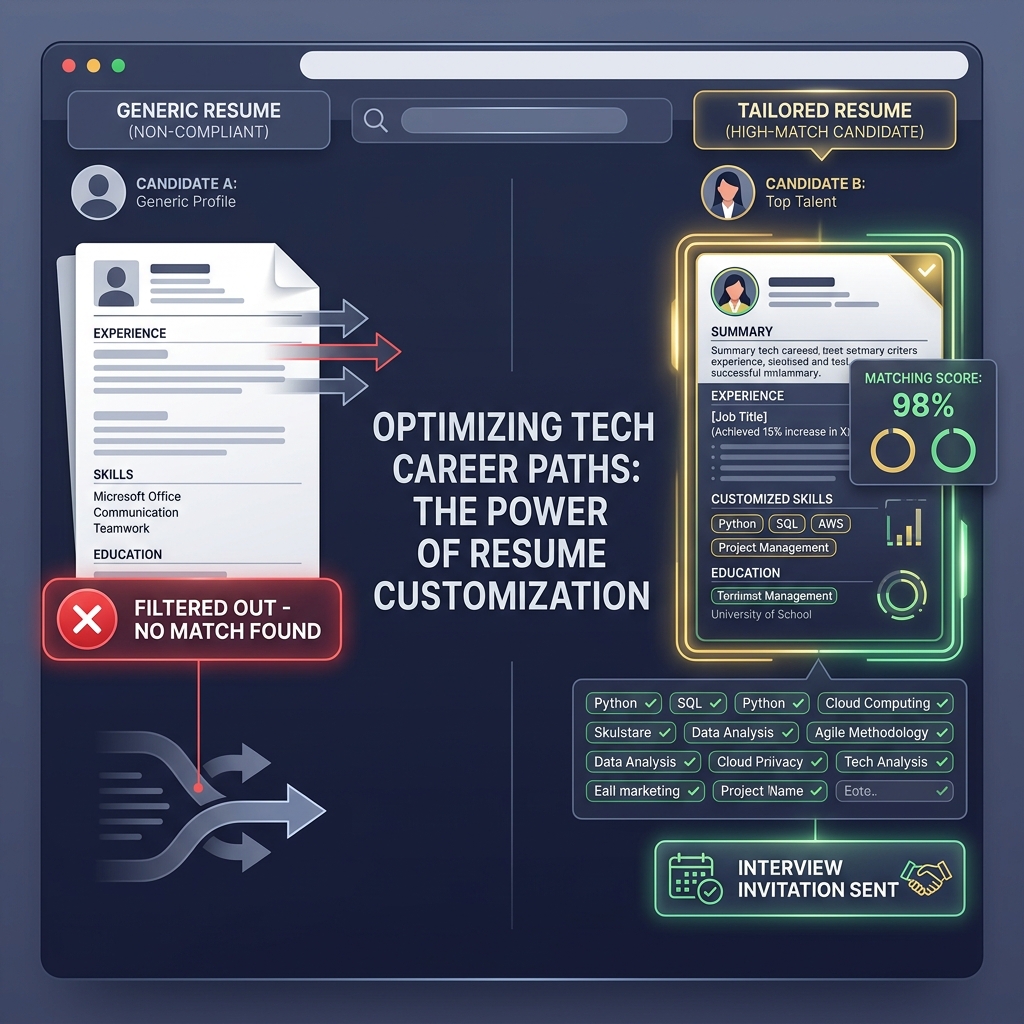 A comparison dashboard showing a generic resume with a red warning badge versus a tailored resume with matching scorecards and high keyword alignment scores in an ATS