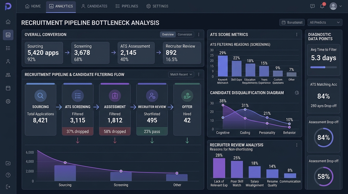 Un'interfaccia digitale ad alta tecnologia e una dashboard di analisi che illustrano i moderni colli di bottiglia della pipeline di reclutamento e le metriche di filtraggio degli ATS.