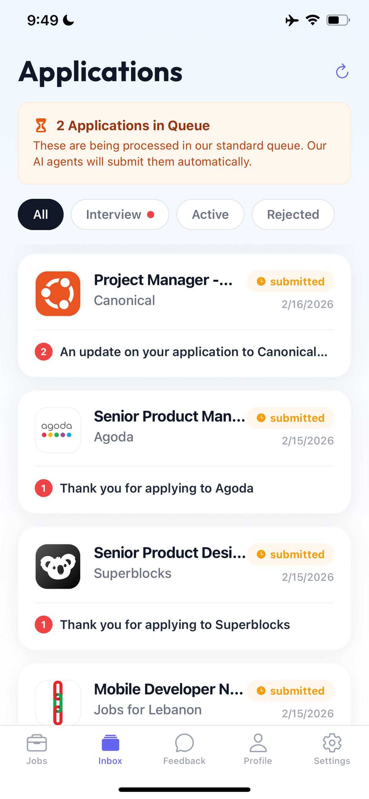 Jobloo Applications Inbox showing real recruiter responses from LVMH, Goldman Sachs, and Airbus