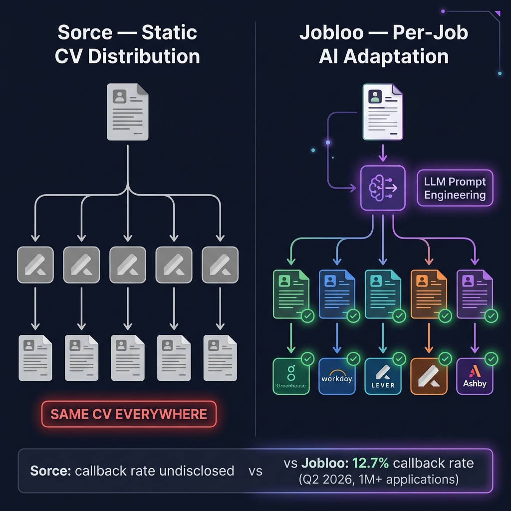 Technical architecture diagram showing Jobloo's two-pass AI pipeline: Node.js orchestration layer reads job description from ESCO-normalized database, passes it to OpenAI API which rewrites candidate CV via LLM prompt engineering, then Puppeteer agent submits uniquely adapted resume directly to Greenhouse, Workday, Lever, and Ashby ATS career page endpoints with zero identical submissions across applications